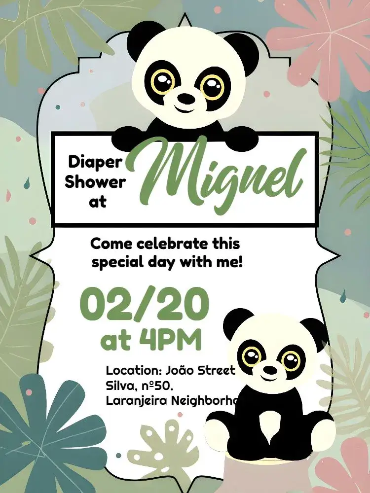 Invitation Panda Bear Baby Shower – Diaper Shower theme safari, green leaves, teddy bears, soft colors, children's theme, modernity