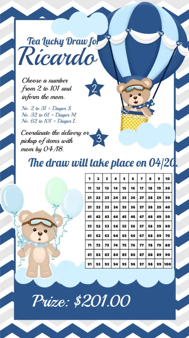 Invitation Tea Raffle Teddy Bear Balloonist Bear – Raffle Tea theme playful, navy blue, white, cute, childlike, balloons