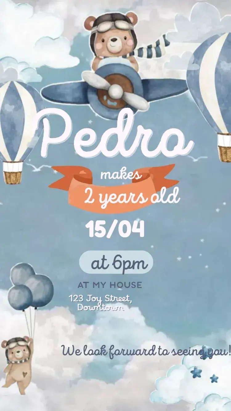 Invitation Aviator Teddy Bear – Kids' Birthday Party theme watercolor, blue, airplanes, balloons, cute, childish