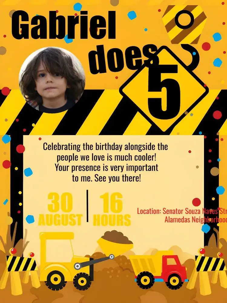 Invitation Red Photo Construction – Raffle Tea theme red, yellow, black, construction machines, children's, vintage
