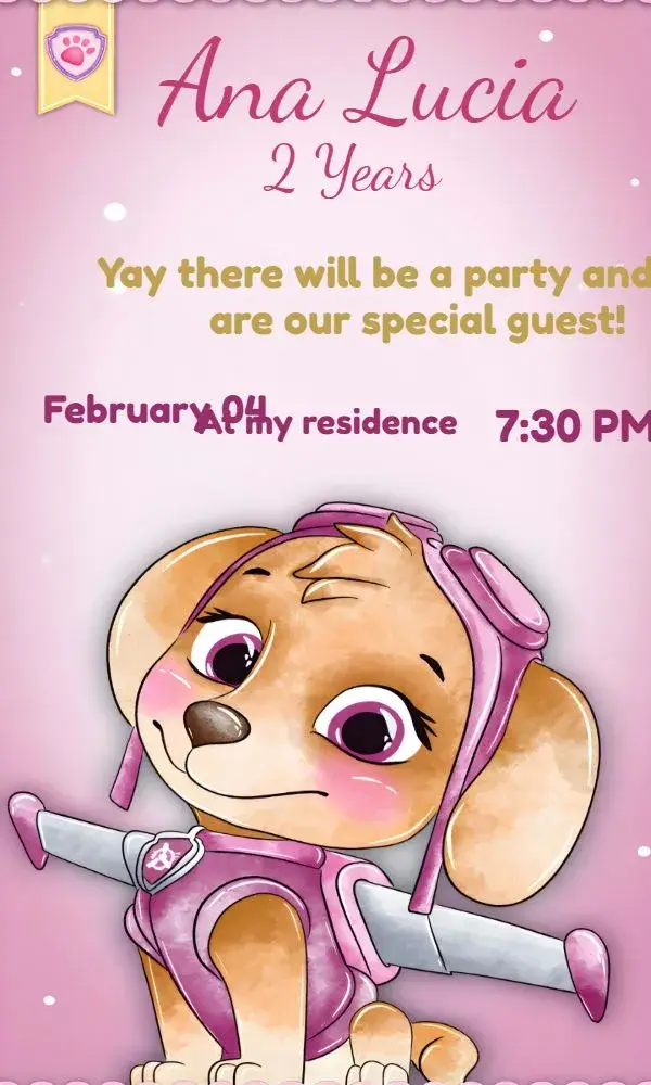 Skye Pink Paw Patrol invitation
