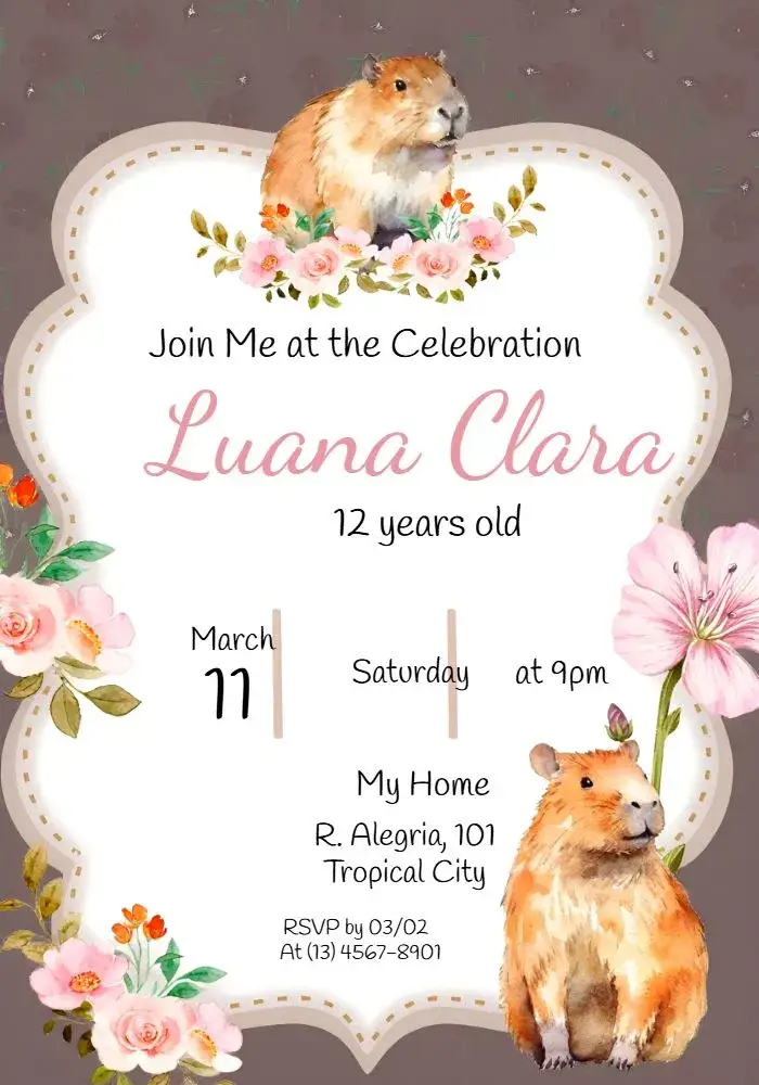 Invitation Capivara Rosa – Kids' Birthday Party theme floral, colorful, fun, childlike, cheerful