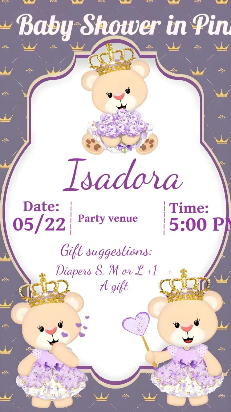 Invitation Princess Purple Teddy Bear Baby Shower – Diaper Shower theme lilac, purple, golden, glitter, princess, children