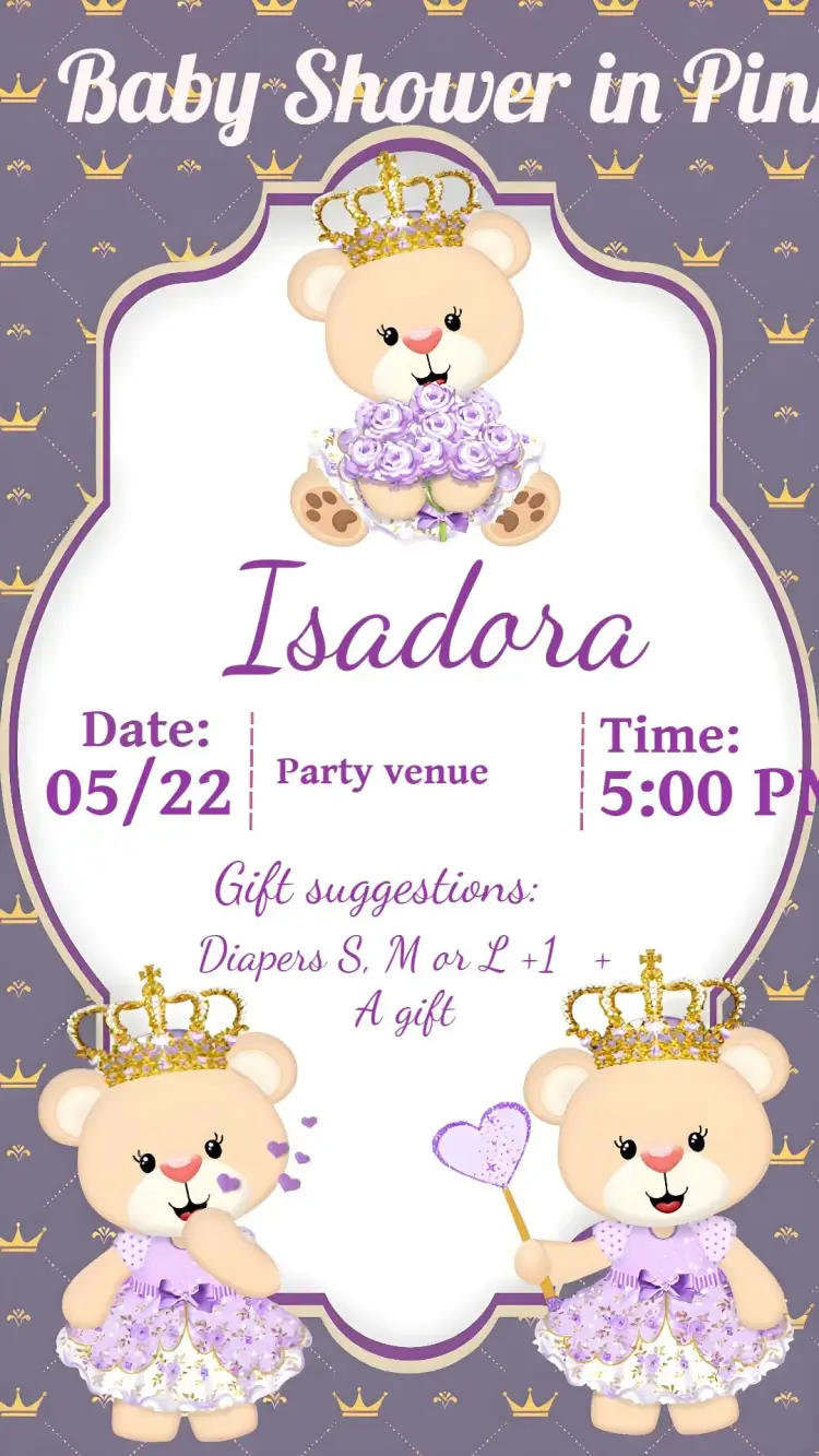 Invite Princess Purple Teddy Bear Baby Shower editable and customizable