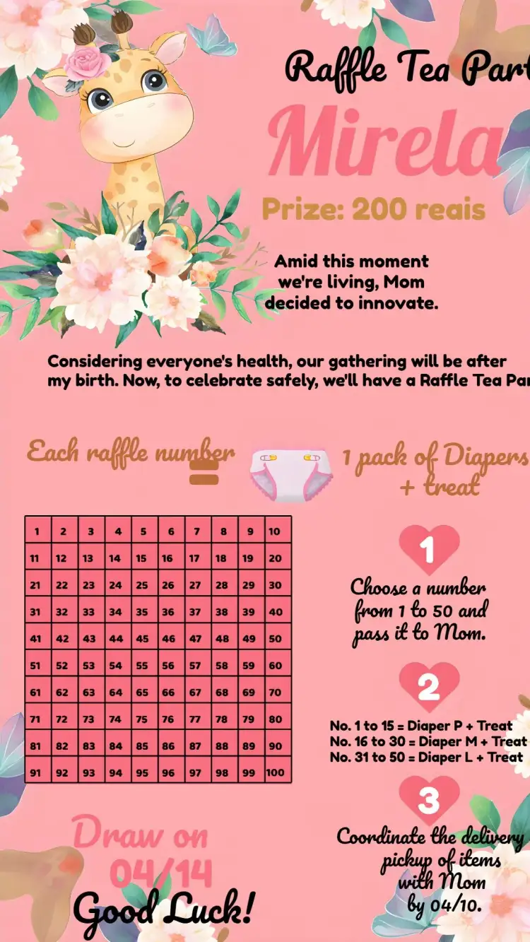 Invitation Tea Raffle Little Giraffe Card – Raffle Tea theme safari, giraffes, floral, colorful, golden glitter, childish