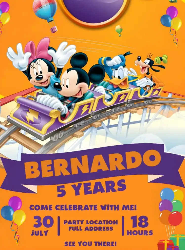 Invitation Purple Mickey Mouse Club Fun Park – Kids' Birthday Party theme Disney, colorful, fun, childish, playful, vibrant