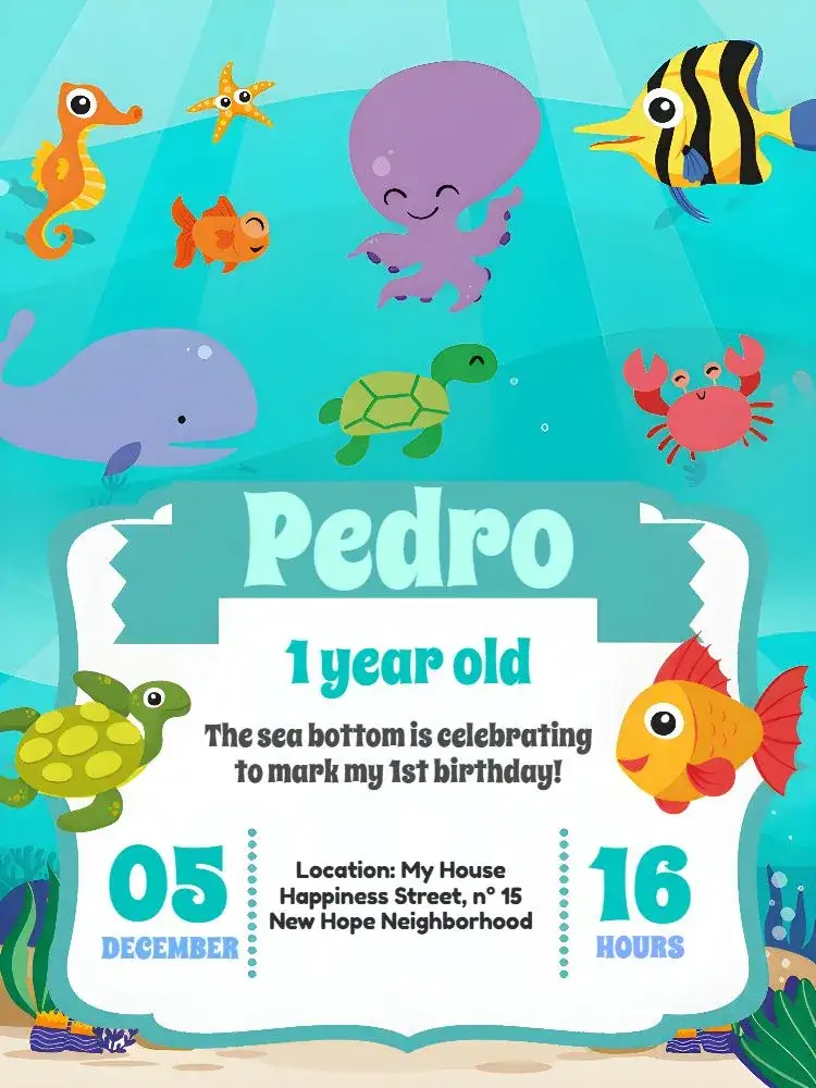 Invitation Under the Sea Pexei – Kids' Birthday Party theme under the sea, sailor, colorful, fun, childlike illustrations, ocean theme