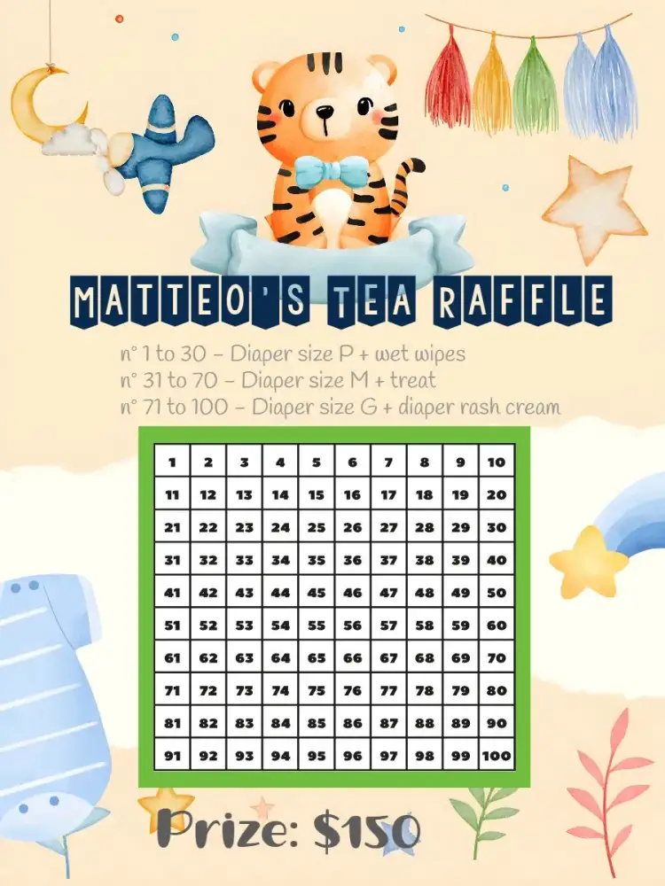 Invitation Tiger Boy Diaper Raffle Tea – Raffle Tea theme savannah animals, tiger, blue, fun, childlike, safari-themed