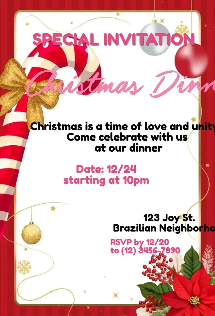 Invitation Christmas Dinner – Card theme Christmas-themed, golden, red and green, vintage-style, minimalist, festive