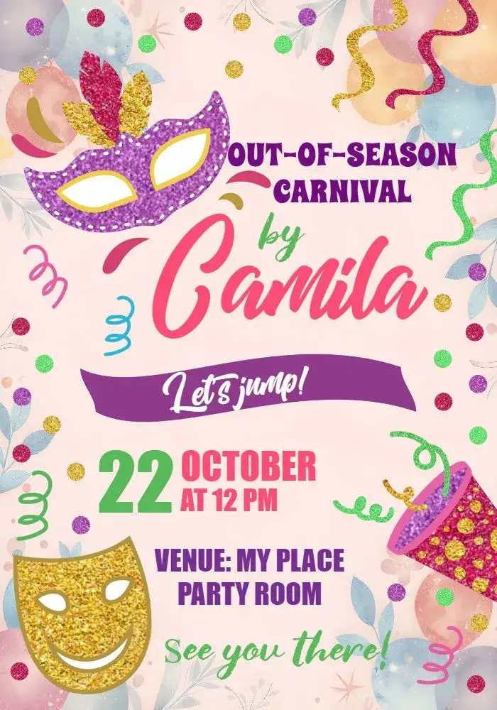 Invitation Masked Carnival – Commemorative Dates theme colorful, vibrant, fun, festive, tropical, festive
