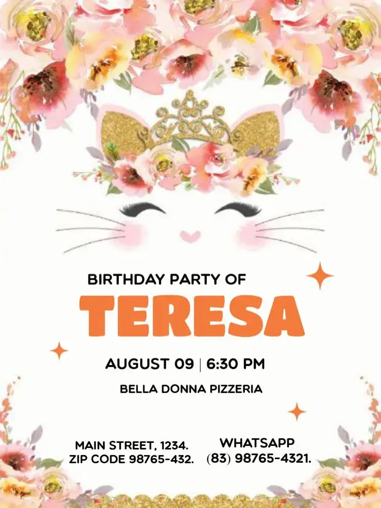 Invitation Gato With Roses To Edit Gathering – Kids' Birthday Party theme modern, fun, colorful, childish, cute