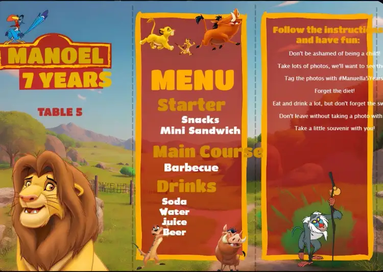 Invitation Menu Triangle Lion King Triangle – Kids' Birthday Party theme colorful, animal-themed, fun, Disney-inspired, vibrant