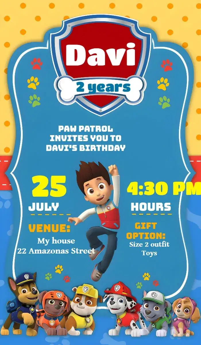 Invitation Black Paw Patrol – Kids' Birthday Party theme colorful, fun, childish, adventure, heroes