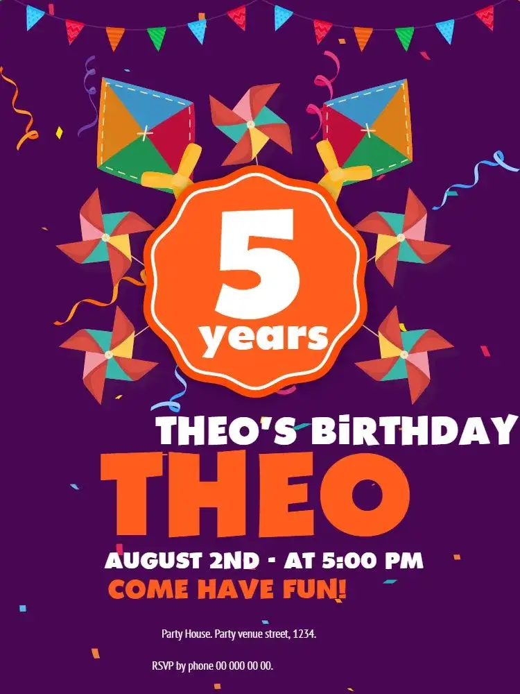 Invitation Pinwheels And Kites Pennants – Kids' Birthday Party theme colorful, playful, festive, whimsical, childlike