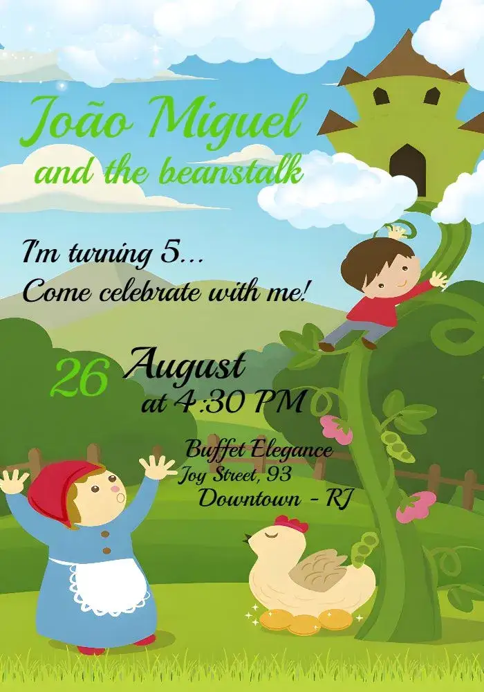 Invitation João And The Green Beanstalk – Commemorative Dates theme colorful, childlike illustrations, playful style, fairytale elements, vintage, fun
