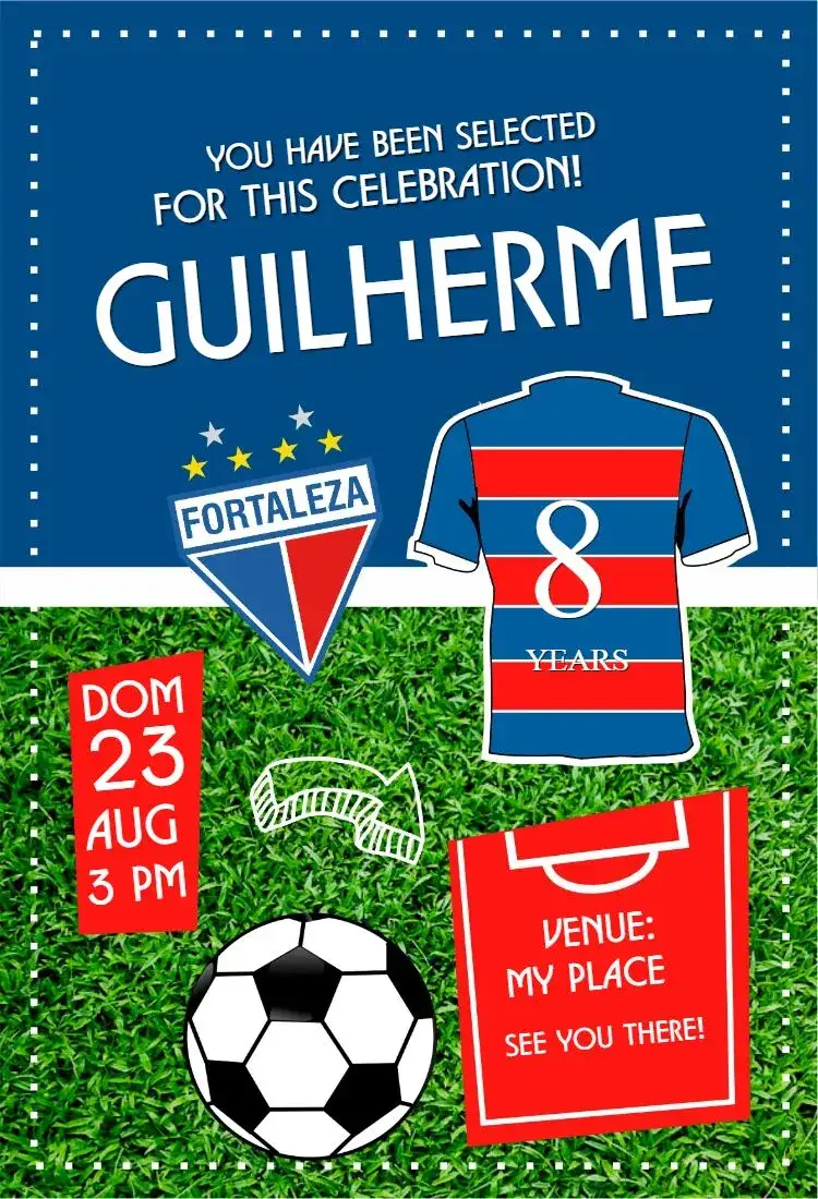 Invitation Fortaleza shirt – Birthday theme football, vibrant, sporty, themed, colorful, modern