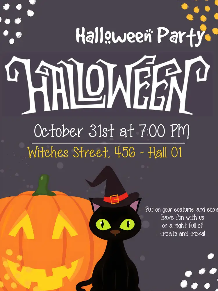 Invitation Halloween Day Party – Commemorative Dates theme dark and mysterious, vibrant colors, Halloween graphic elements, festive design, witches and pumpkins, fun style