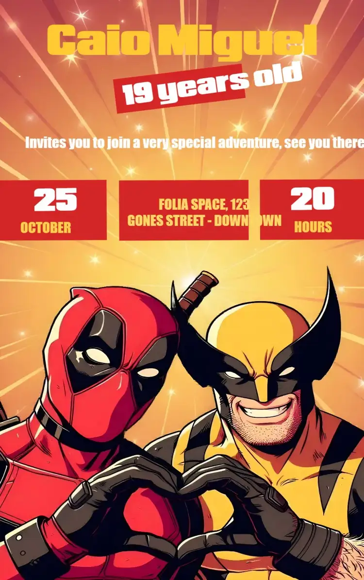 Invitation Deadpool X Yellow Wolverine ā Commemorative Dates theme comics, colorful, modern, humorous, vibrant