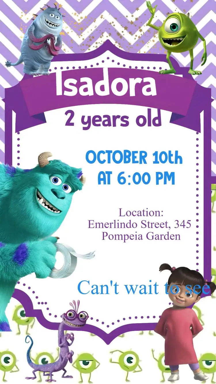 Invitation Monsters Inc. – Kids' Birthday Party theme colorful, fun, monster illustrations, cartoon style, movie theme