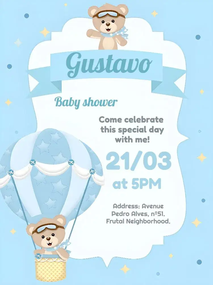 Invitation Diaper Shower Aviator Teddy Bear – Diaper Shower theme blue, white, black, children's, playful, aviator