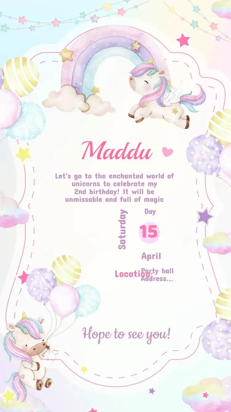 Invitation Unicorn Birthday Invitation – Kids' Birthday Party theme pastel colors, magical background, fantasy elements, playful style, unicorn illustrations