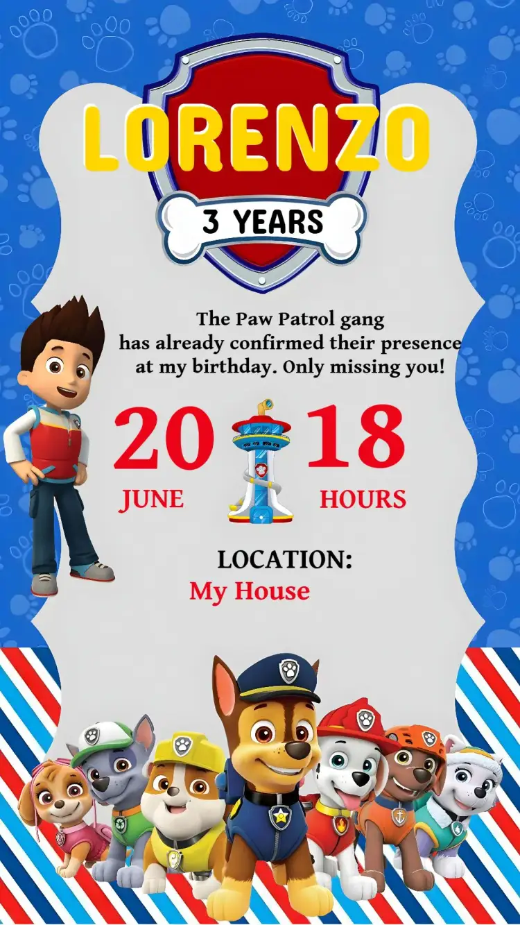 Invitation Paw Patrol S – Kids' Birthday Party theme vibrant, colorful, fun, themed, modern