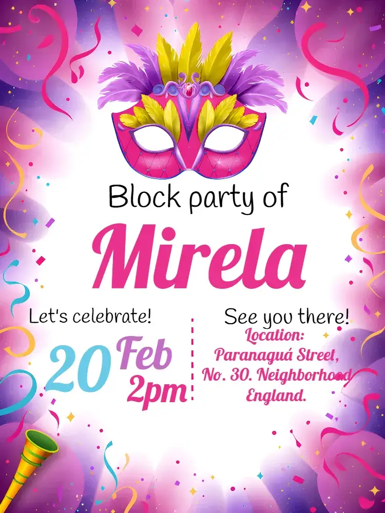 Invitation Yellow Bloquinho Carnival – Commemorative Dates theme colorful, fun, festive, vibrant, playful