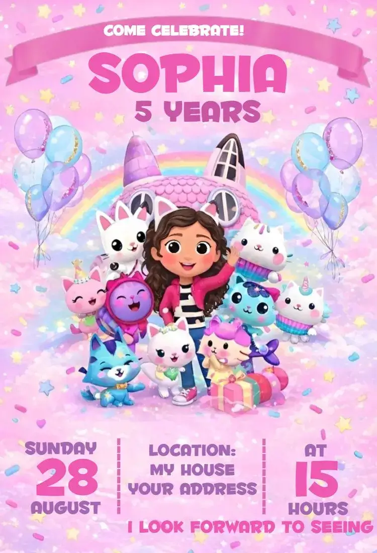 Invitation The Magical House of Gabby 7 – Birthday theme colorful, playful, fantasy, magical, childlike