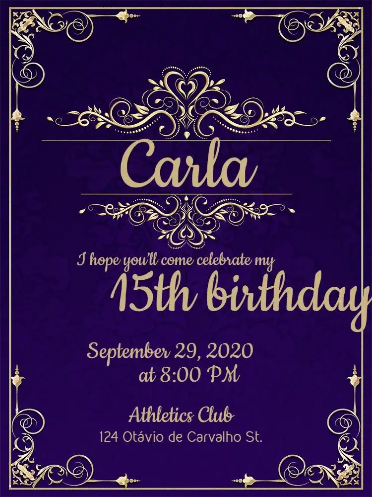 Invite 15 Years - Blue With Golden Arabesques Party editable and customizable