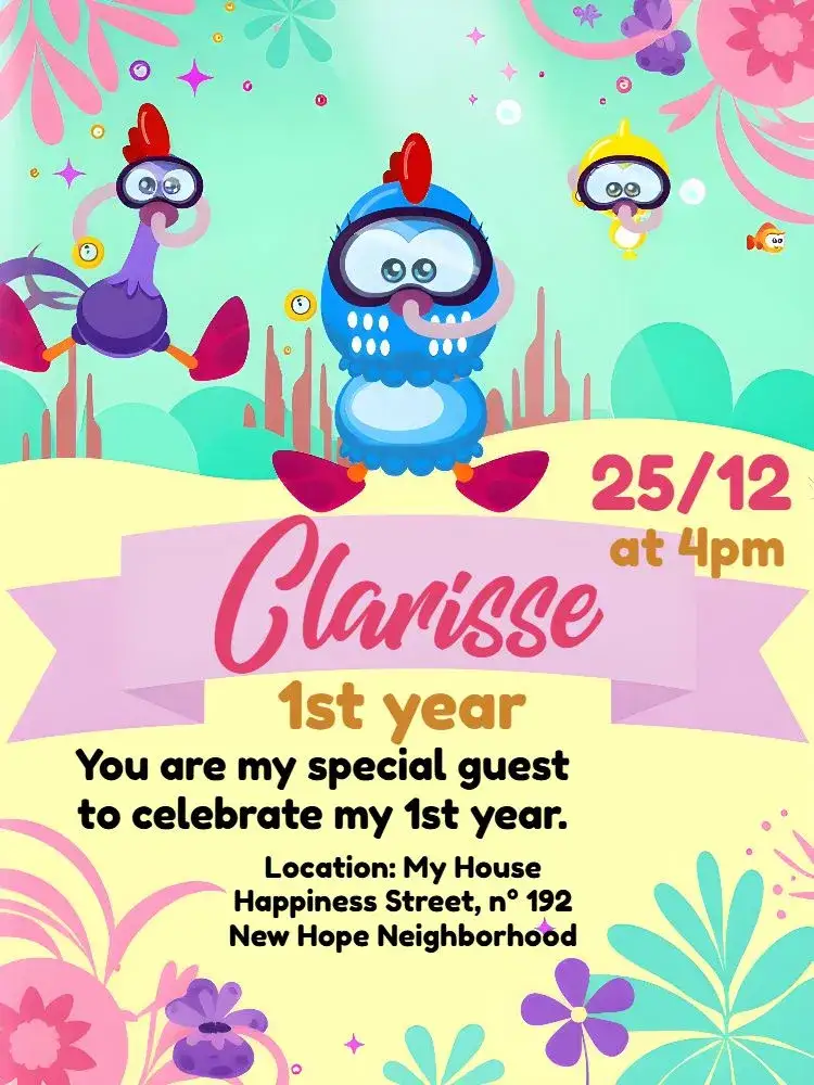 Invitation Little Blue Hen Underwater Chick – Kids' Birthday Party theme colorful, playful, navy, childlike, fun, themed