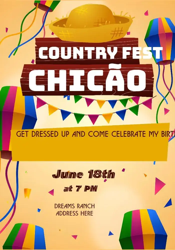 Invitation Banderolas Hoedown – Birthday theme country-style, lively, colorful, festive, traditional