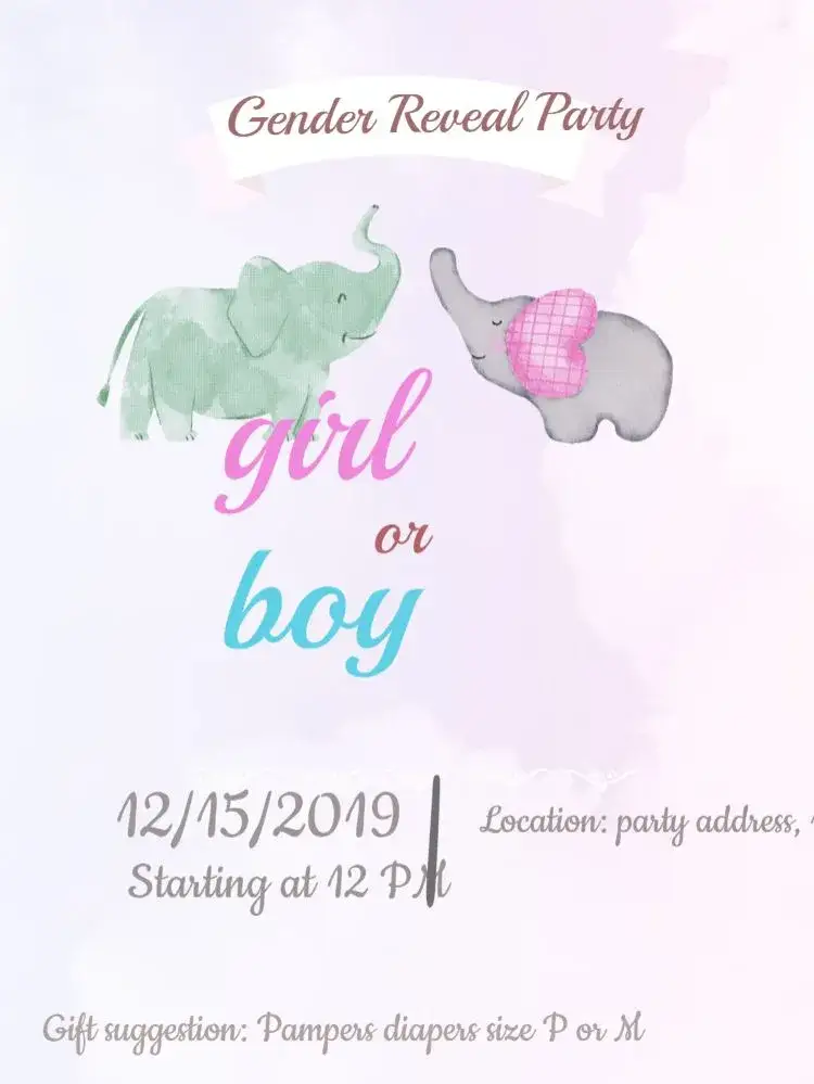 Invitation Elephants Gender Reveal Baby Shower Digital – Raffle Tea theme elephants, pink and blue, balloons, arabesques, heart