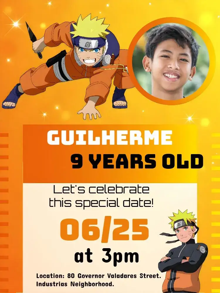 Invitation Naruto With Photo Konoha – Kids' Birthday Party theme anime, modern, colorful, fun, themed