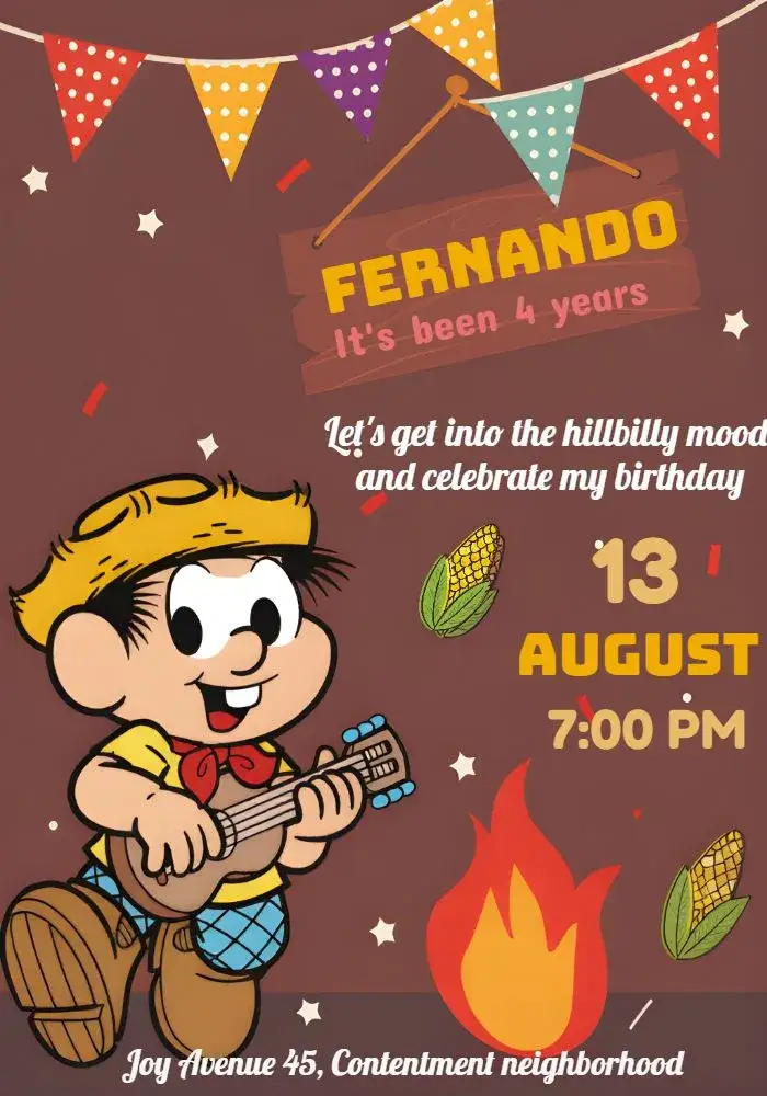 Invitation Chico Bento's Party Arraiá – Kids' Birthday Party theme colorful, June-themed, fun-filled, childish, rustic