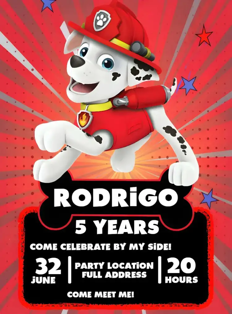 Invitation Marshall Paw Patrol Pup – Kids' Birthday Party theme vibrant, fun, character illustrations, bold colors, modern style