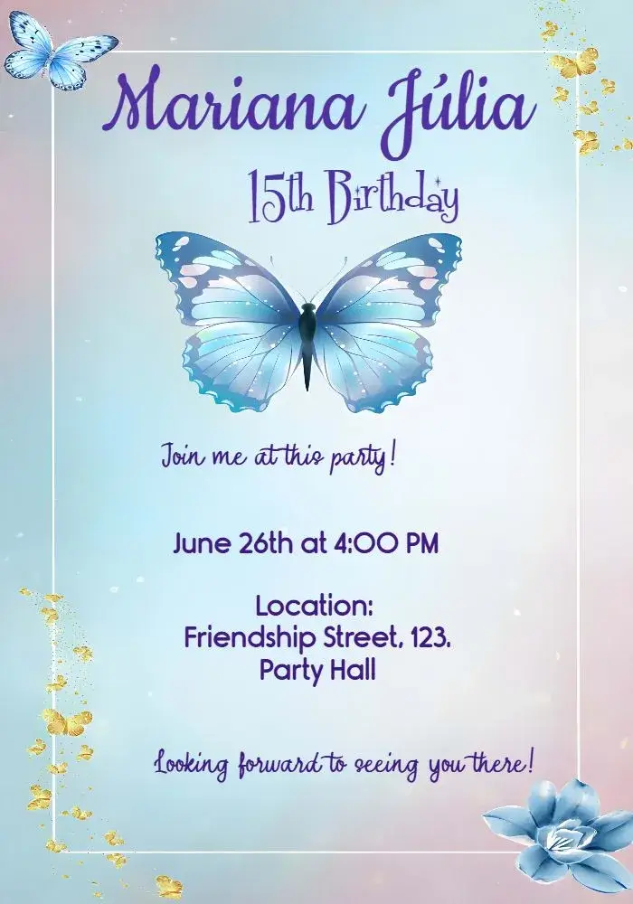 Invite Butterfly 15 Years Black editable and customizable