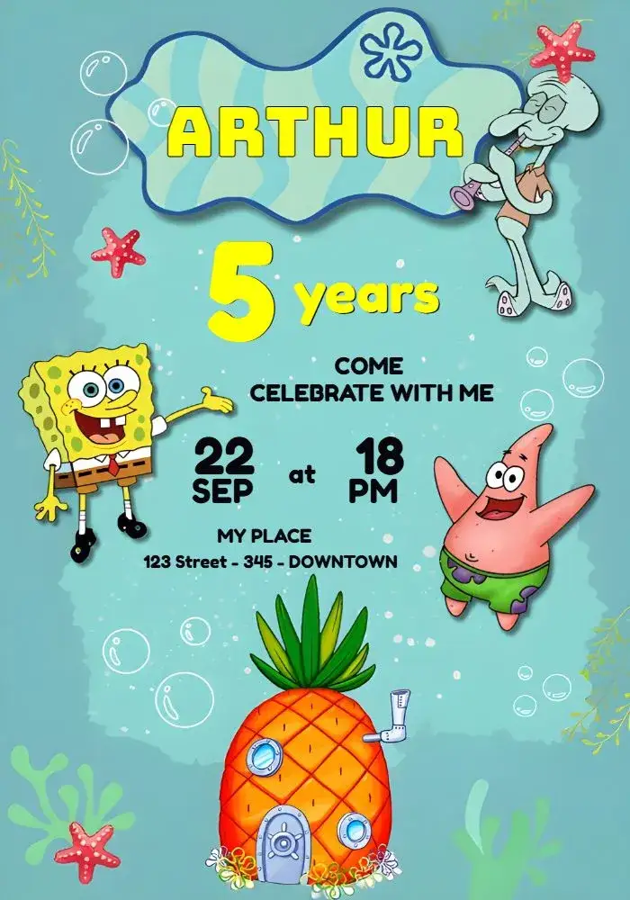 Invitation Bob SquarePants – Most searched for theme colorful, navy, fun, childish, lively