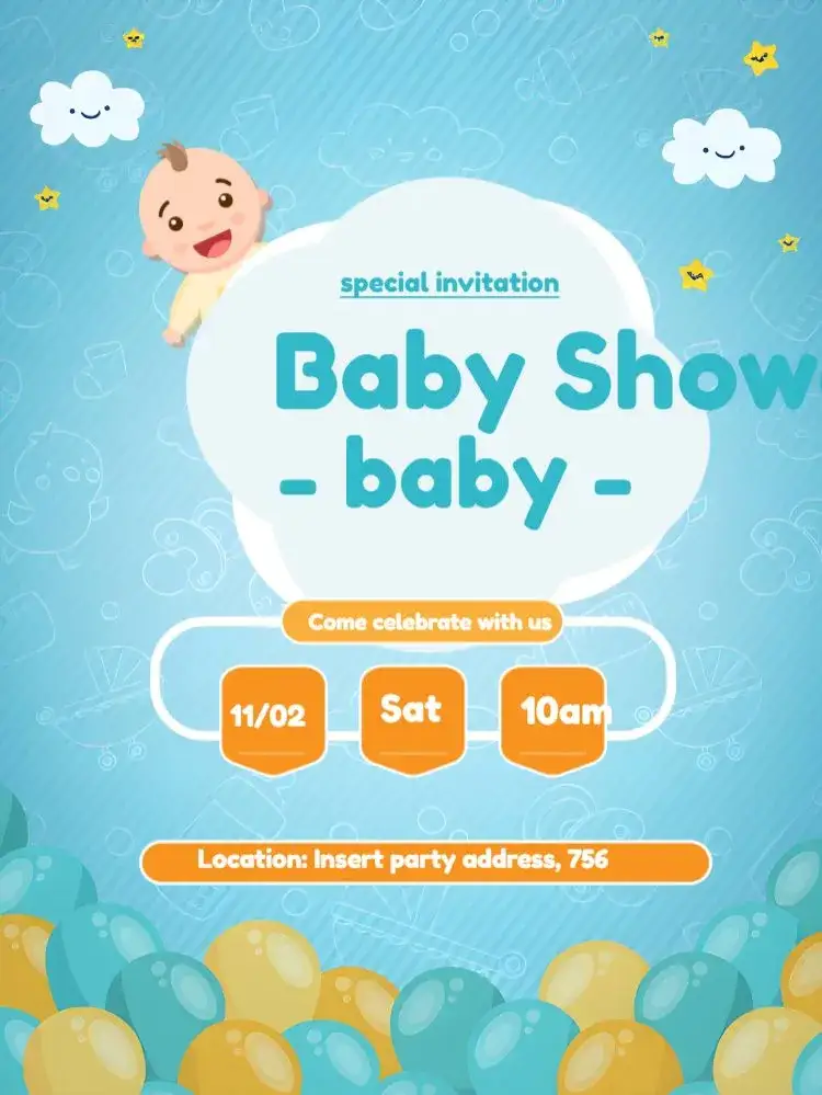 Invitation Blue Baby Shower - Boy Cloud – Diaper Shower theme light blue, fluffy clouds, colorful balloons, childlike style, modern design, playful touches