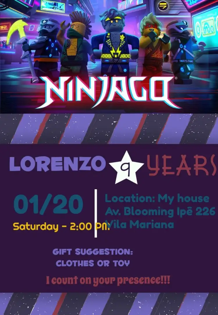 Invitation Ninjago Lego Ninja Go Game – Kids' Birthday Party theme colorful, modern, games, cartoon characters, themed, adventure