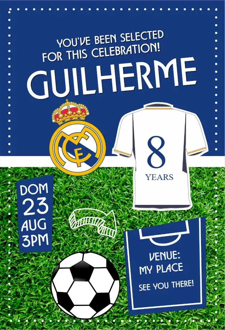 Invitation Real Madrid shirt – Birthday theme modern, soccer, vibrant, sporty, dynamic
