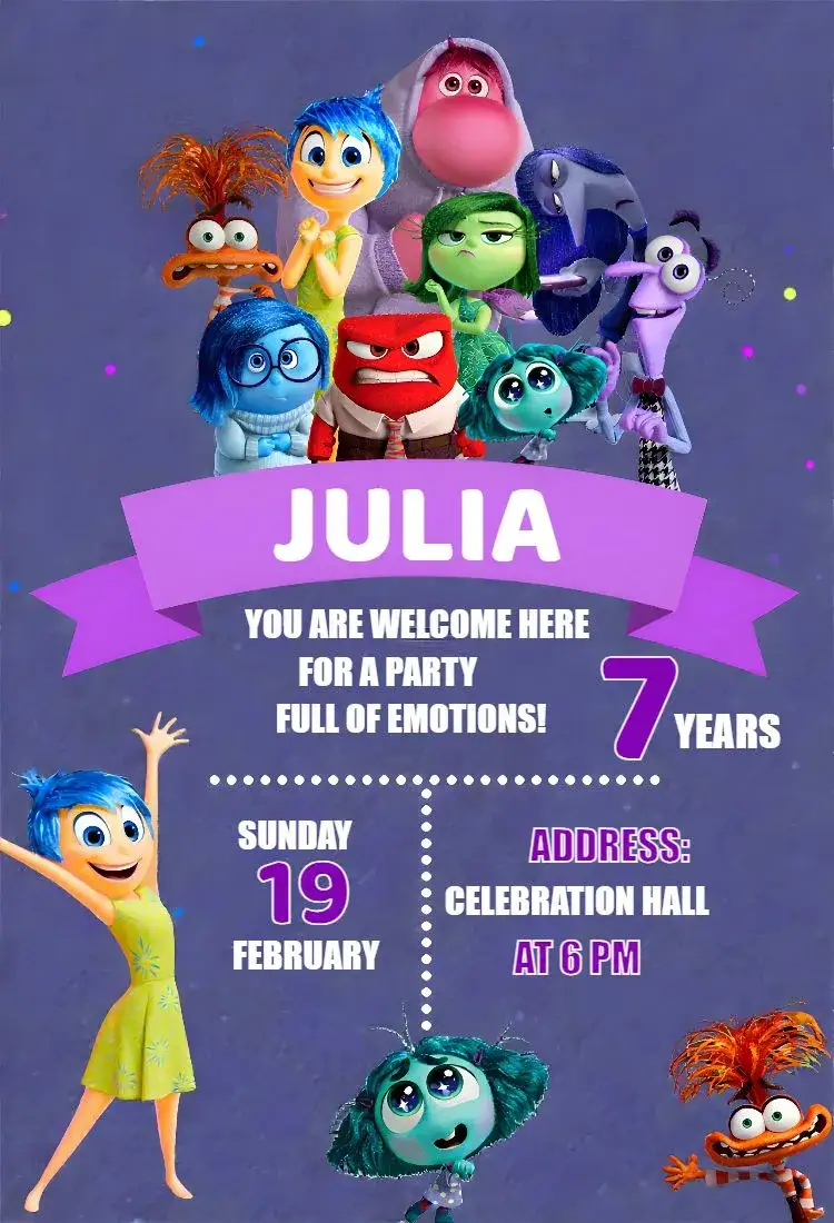 Invitation Inside Out 2 Inside Out – Most searched for theme colorful, fun-filled, emotional, childish, movie illustrations, vibrant