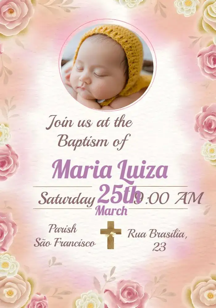 Invitation Delicate Floral Pink Baptism With Photo – Baptism theme floral, delicate, pink, elegant, childlike, modern