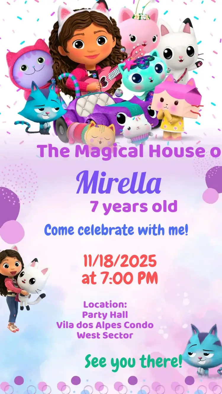 Invitation The Magical House of Gabby – Birthday theme vibrant colors, playful illustrations, childlike style, magical, fantasy, fun