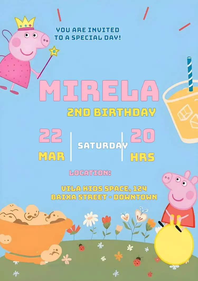 Invitation Peppa Pig – Kids' Birthday Party theme colorful, fun, childish, themed, lively