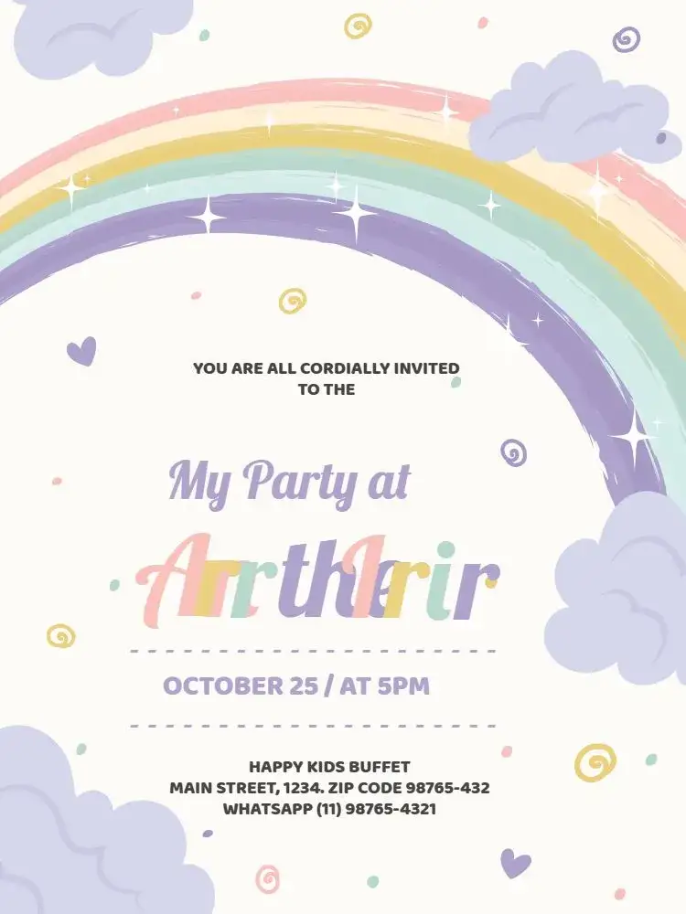 Invitation Purple Rainbow Gathering – Kids' Birthday Party theme rainbow, playful, colorful, modern, fun, childlike