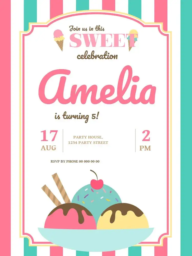 Invitation Children's Ice Cream – Kids' Birthday Party theme delicate, colorful, fun, modern, childlike, cheerful