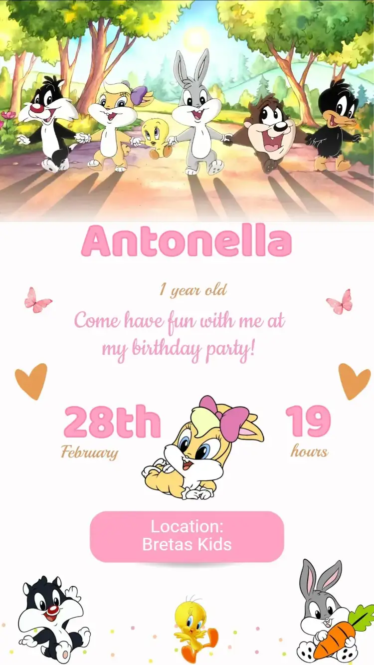 Invitation Baby Looney Tunes Birthday Invitation – Kids' Birthday Party theme colorful, fun, playful, childish, lively