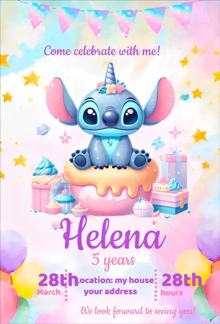 Invitation Stitch Bakery – Sweet 15 theme candy, watercolor, colorful, pink, fun