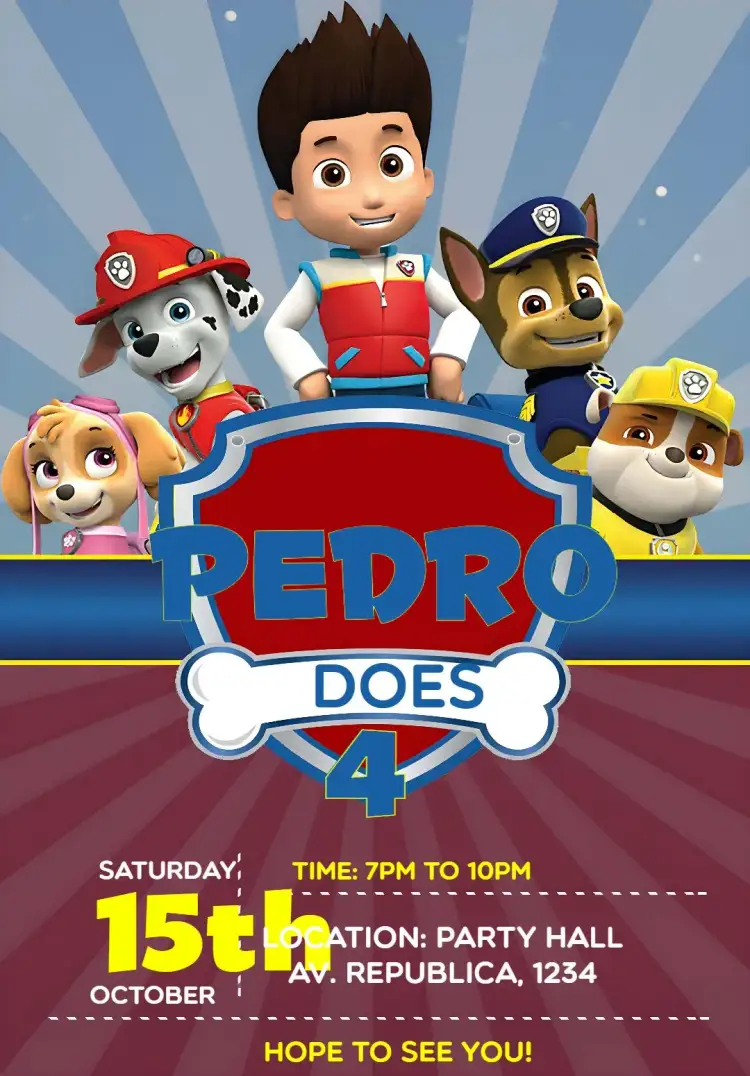Invitation Patrol Paw Patrol – Kids' Birthday Party theme colorful, fun, thematic, childish, youthful