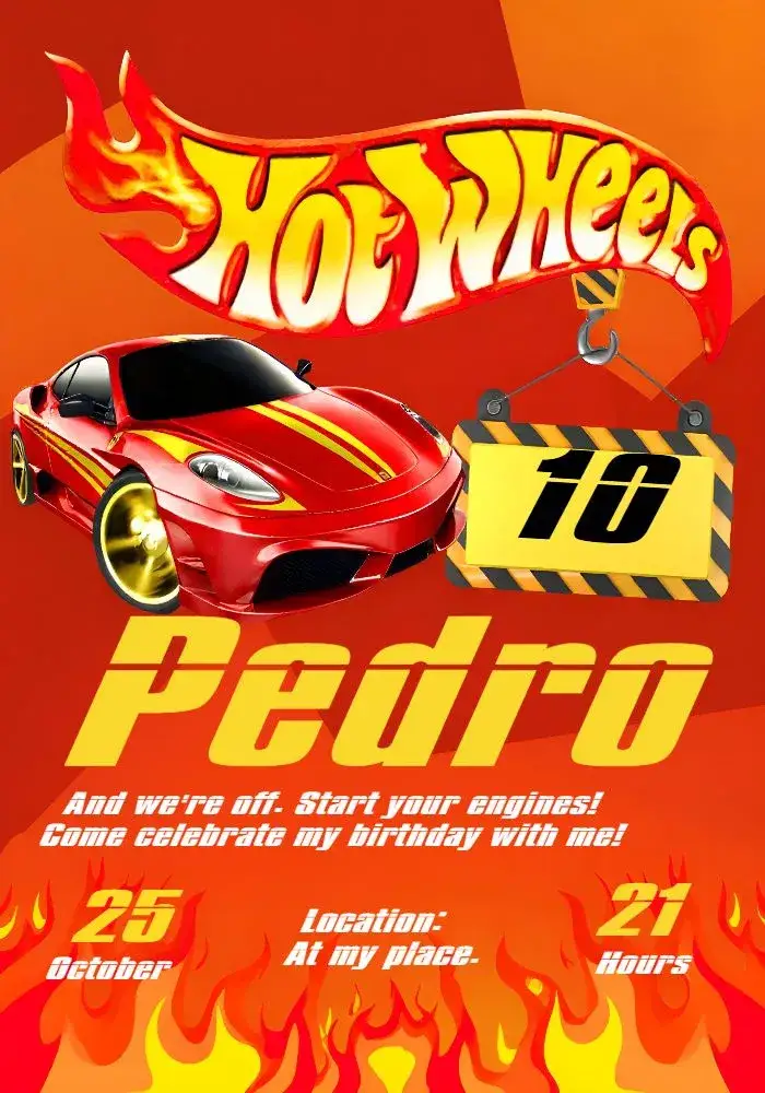 Invitation Red Hot Wheels – Most searched for theme red, black, yellow, modern, themed, fun